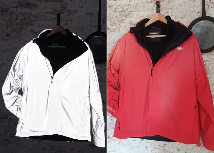 Valkental Jacke reflektierend im Dunkeln und in Rot bei Tag